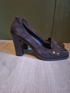 Prada Brown Suede Block Heel Loafers